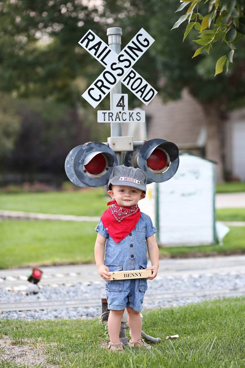 Boy wearing Personalized Train Hat with Personalized Whistle